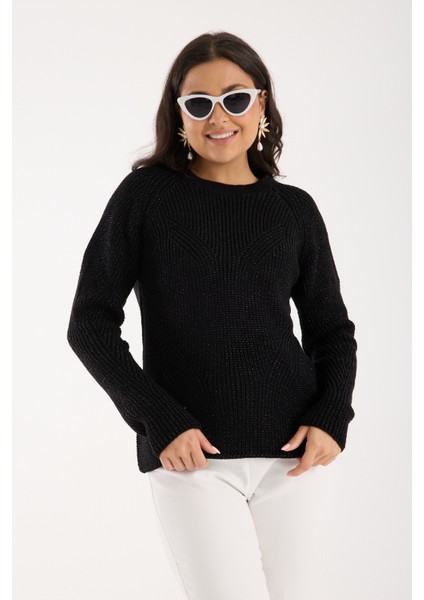 Kadın Siyah Selanik Örgü Reglan Kollu Bisiklet Yaka Simli Triko Kazak fırsatları