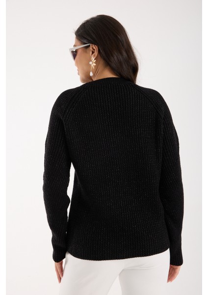 Kadın Siyah Selanik Örgü Reglan Kollu Bisiklet Yaka Simli Triko Kazak