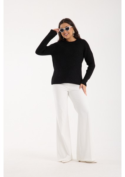 Kadın Siyah Selanik Örgü Reglan Kollu Bisiklet Yaka Simli Triko Kazak