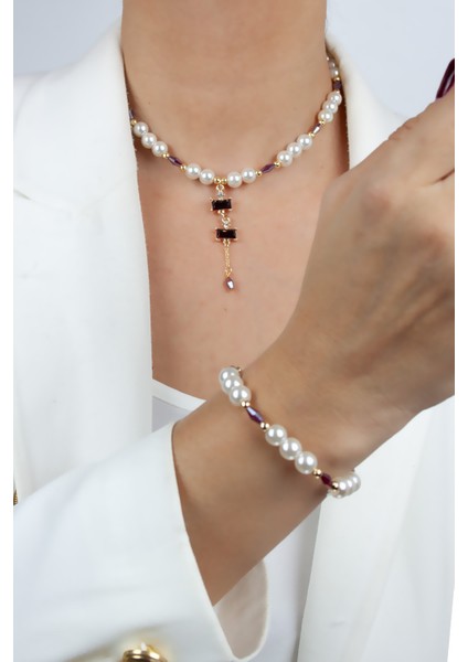 Baget Uçlu Cam Inci Kolye ve Bileklik Set