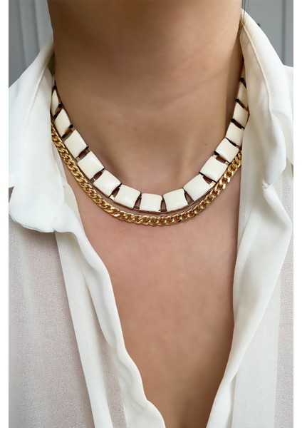 Mineli Çift Sıralı Gold Kolye