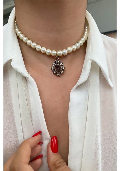 Cam Inci Broz Uçlu Şık Kolye