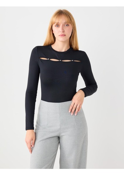 Siyah Dar Kesim Bisiklet Yaka Uzun Kollu Bluz