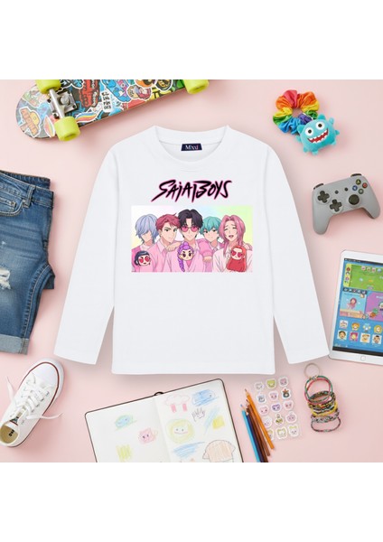 Kpop Demon Hunters Saja Boys Uzun Kollu Baskılı Kız Çocuk Tişört (4-13 Yaş)