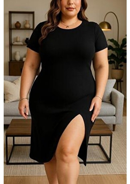 kadın büyük beden kısa kollu yanı yırtmaçlı bisiklet yaka viskon elbise fiyatları