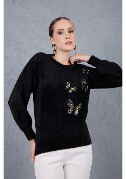 Kadın Siyah Sakal Iplik Önü Boncuk Nakışlı Balon Kollu Bisiklet Yaka Triko Kazak