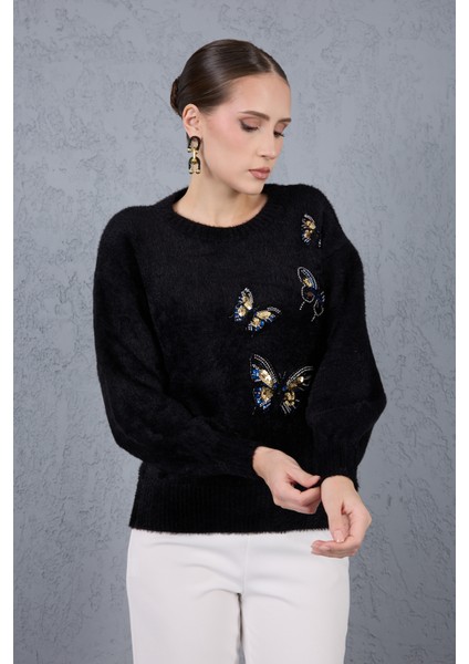 Kadın Siyah Sakal Iplik Önü Boncuk Nakışlı Balon Kollu Bisiklet Yaka Triko Kazak fiyatları