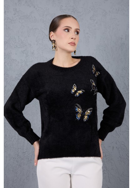 Kadın Siyah Sakal Iplik Önü Boncuk Nakışlı Balon Kollu Bisiklet Yaka Triko Kazak modelleri