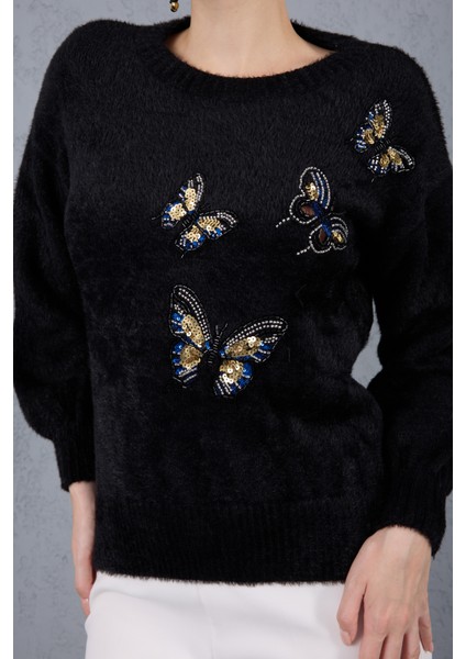 Kadın Siyah Sakal Iplik Önü Boncuk Nakışlı Balon Kollu Bisiklet Yaka Triko Kazak indirimleri