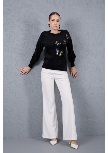 Kadın Siyah Sakal Iplik Önü Boncuk Nakışlı Balon Kollu Bisiklet Yaka Triko Kazak