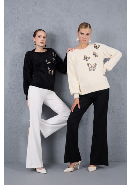 Kadın Siyah Sakal Iplik Önü Boncuk Nakışlı Balon Kollu Bisiklet Yaka Triko Kazak