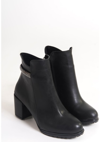 Marıs Fermuarlı Ortopedik Taban Suya ve Soğuğa Dayanıklı Taşlı Topuklu Kadın Bot St Siyah