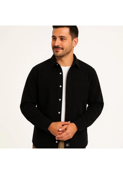 Erkek Fitilli Kadife Cepli Gömlek Oversize Rahat Kalıp - Siyah fırsatları