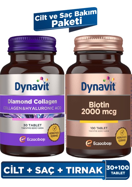 Collagen Hyaluronic Acid Complex 30 Tablet & Biotin 2000 mcg 100 Tablet - Cilt ve Saç Bakım Paketi