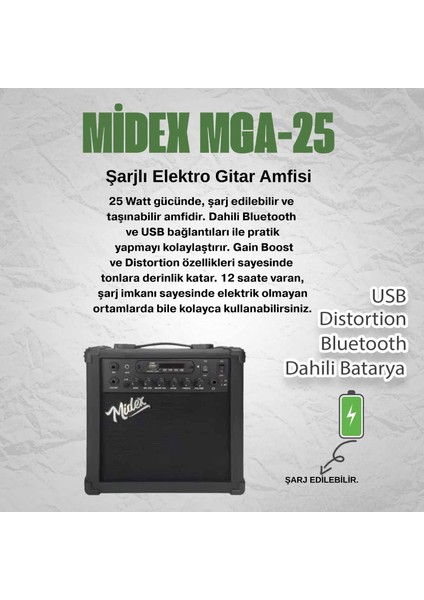 MGA-25BK-PAK Elektro Gitar Amfisi 25 Watt USB Bluetooth ve Şarjlı (Amfi Mikrofon Stand Kulaklık Jack Kablo) fiyatları
