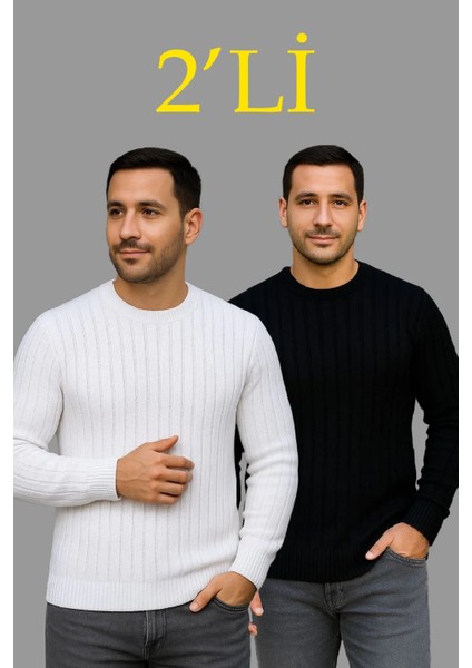 Erkek Fitilli Triko Kazak 2’li Set – Siyah & Beyaz, Kalın Dokuma Pamuklu Regular Fit Bisiklet Yaka Uzun Kollu Rahat Kışlık Kazak Kombini