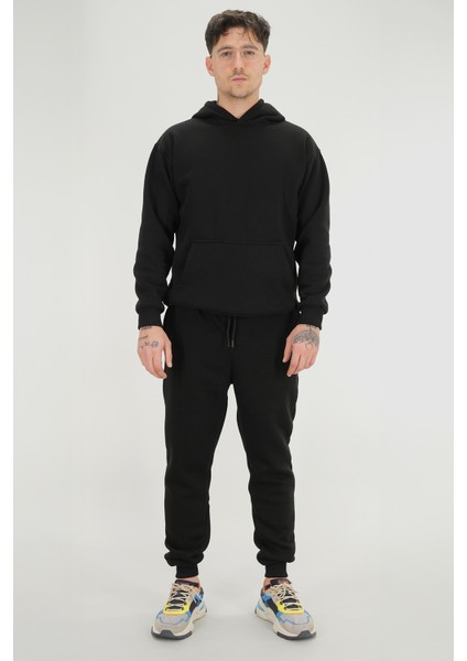 Erkek Siyah Eşofman Takımı Rahat Kesim 3 Iplik Şardonlu Kapüşonlu Ipli Ribana Bel