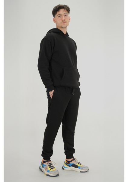 Erkek Siyah Eşofman Takımı Rahat Kesim 3 Iplik Şardonlu Kapüşonlu Ipli Ribana Bel modelleri