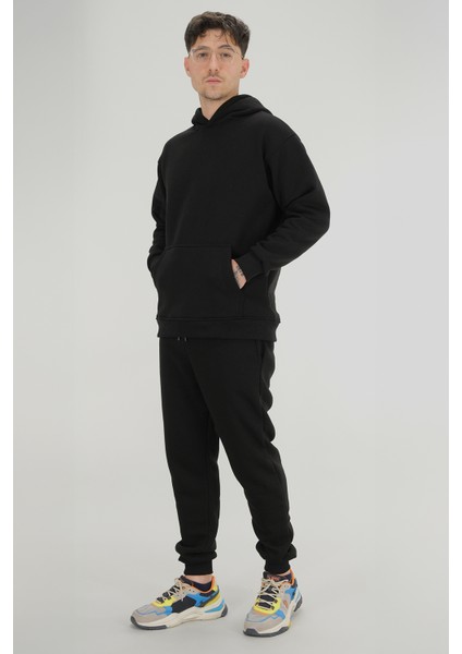 Erkek Siyah Eşofman Takımı Rahat Kesim 3 Iplik Şardonlu Kapüşonlu Ipli Ribana Bel indirimleri