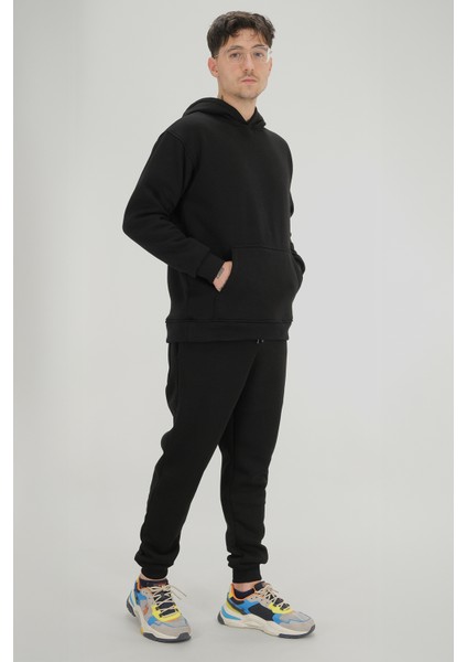 Erkek Siyah Eşofman Takımı Rahat Kesim 3 Iplik Şardonlu Kapüşonlu Ipli Ribana Bel