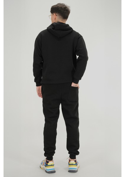 Erkek Siyah Eşofman Takımı Rahat Kesim 3 Iplik Şardonlu Kapüşonlu Ipli Ribana Bel