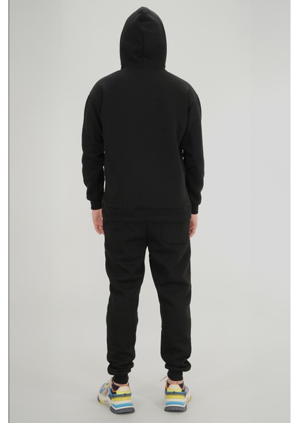 Erkek Siyah Eşofman Takımı Rahat Kesim 3 Iplik Şardonlu Kapüşonlu Ipli Ribana Bel