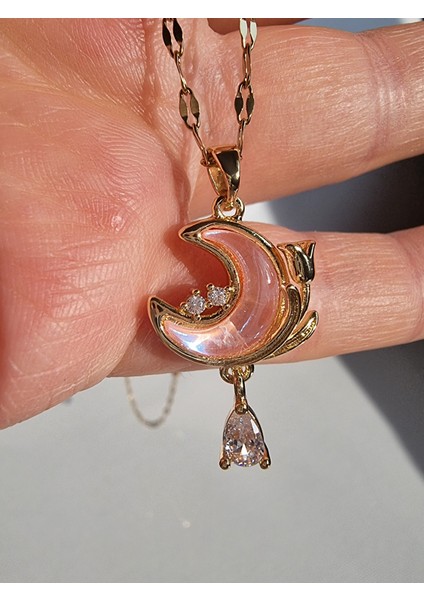 Gold Sallantılı Ay Yıldız Figürlü Pembe Taşlı Çelik Kadın Kolye indirimleri
