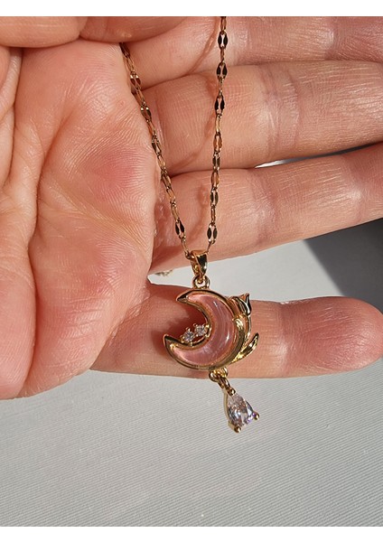 Gold Sallantılı Ay Yıldız Figürlü Pembe Taşlı Çelik Kadın Kolye