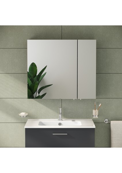 Mia 67705 Asimetrik Dolaplı Ayna, Parlak Antrasit, 80 cm