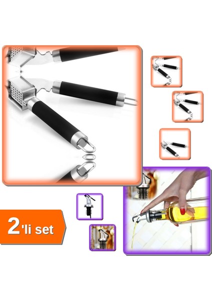 3 Adet Kapaklı Şişe Ucu Servis Aparatı + Lüx Çelik Sarımsak Ezici - Mutfakta Kolaylık 2li Set ABC456