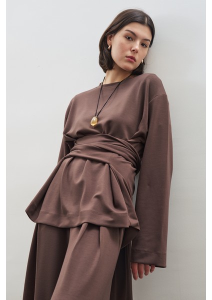 Yumuşak Dokulu Modal Bağlamalı Sweatshırt Kahverengi