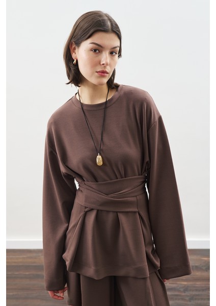 Yumuşak Dokulu Modal Bağlamalı Sweatshırt Kahverengi modelleri