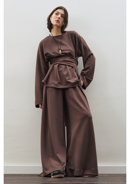 Yumuşak Dokulu Modal Bağlamalı Sweatshırt Kahverengi