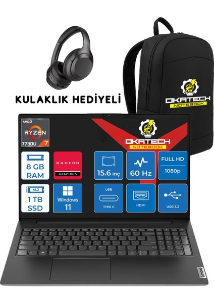 V15 Ryzen 7 7730U 8 GB Ram Ddr4 1 Tb SSD 15,6" Fullhd WİN11PRO Notebook + Okatech Çanta