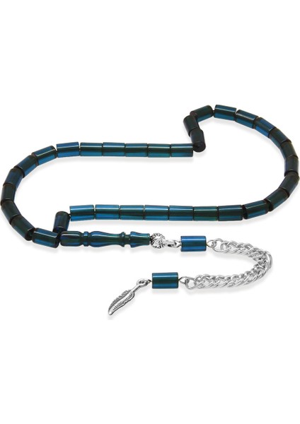 Ateş Kehribar Tesbih - Kararmaz Metal Püsküllü - Mini Boy - Turkuaz - Kesme Kesim