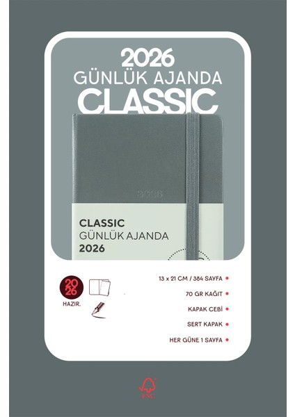 Classic 2026 Günlük Ajanda 13X21 cm Sert Kapak Ivory 70 gr 384 Sayfa Cepli Lastikli Gri fiyatları