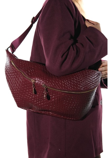Venta Bordo Örgü Kadın Büyük Bel Çantası