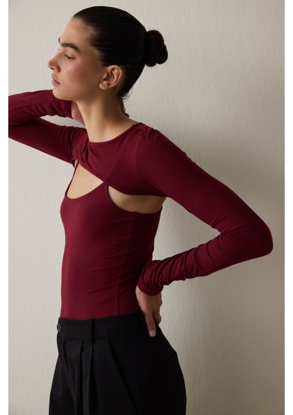 Bordo Bisiklet Yaka Uzun Kollu Pencere Detaylı Bodysuit