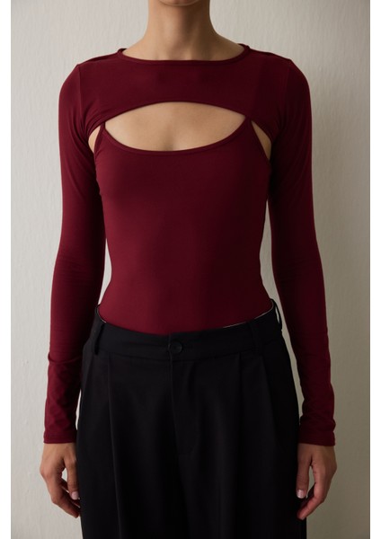 Bordo Bisiklet Yaka Uzun Kollu Pencere Detaylı Bodysuit