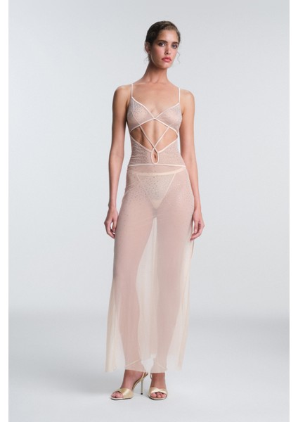 Bej Sandy Taş Detaylı Ayarlanabilir Askılı Gecelik