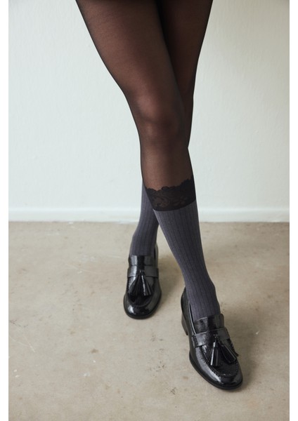 Siyah Ribbed Lace Külotlu Çorap