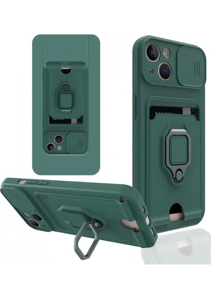 iPhone 14 Kılıf Zuma Kartvizitli Yüzüklü Silikon - Yeşil (K95)