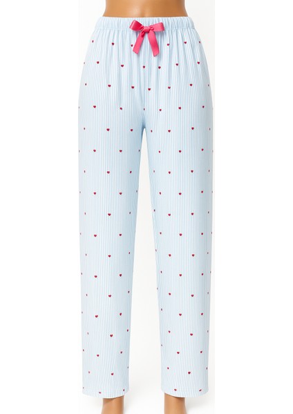 Büyük Beden Yumuşak Mavi Kalpli Pijama Altı Kalp Desenli