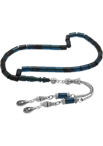 Ateş Kehribar Tesbih - Kararmaz Metal Damla Püsküllü - Turkuaz Siyah - Mini Boy - Kesme Kesim