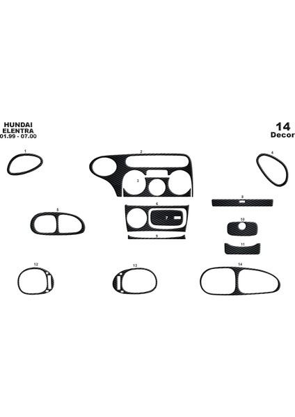 Hyundai Elantra Konsol-Torpido Kaplama 1999-2000 14 Parça Siyah Karbon