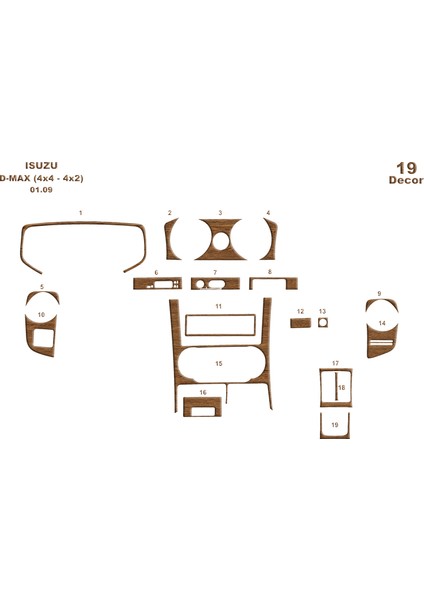 Isuzu D Max 4x2-4x4 Konsol-Torpido Kaplama 2007-2012 19 Parça Açık Meşe