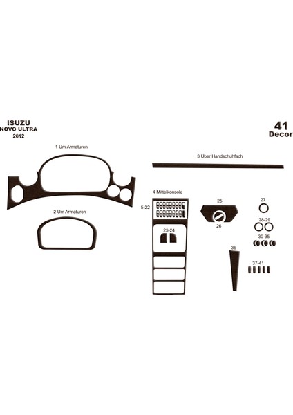 Isuzu Novo Lüx Konsol-Torpido Kaplama 2012 41 Parça Koyu Meşe