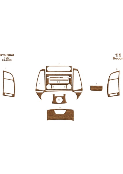 Hyundai I20 Konsol-Torpido Kaplama 2009 11 Parça Açık Meşe