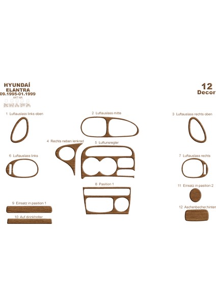 Hyundai Elantra Konsol-Torpido Kaplama 1995-1999 12 Parça Açık Meşe