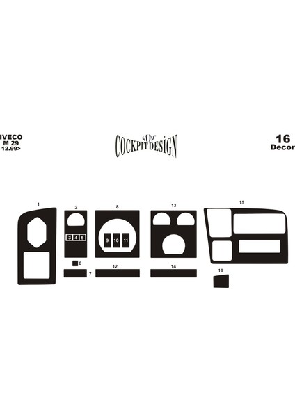 Iveco M29 120 Turbo Konsol-Torpido Kaplama 1999-2002 16 Parça Piano Black